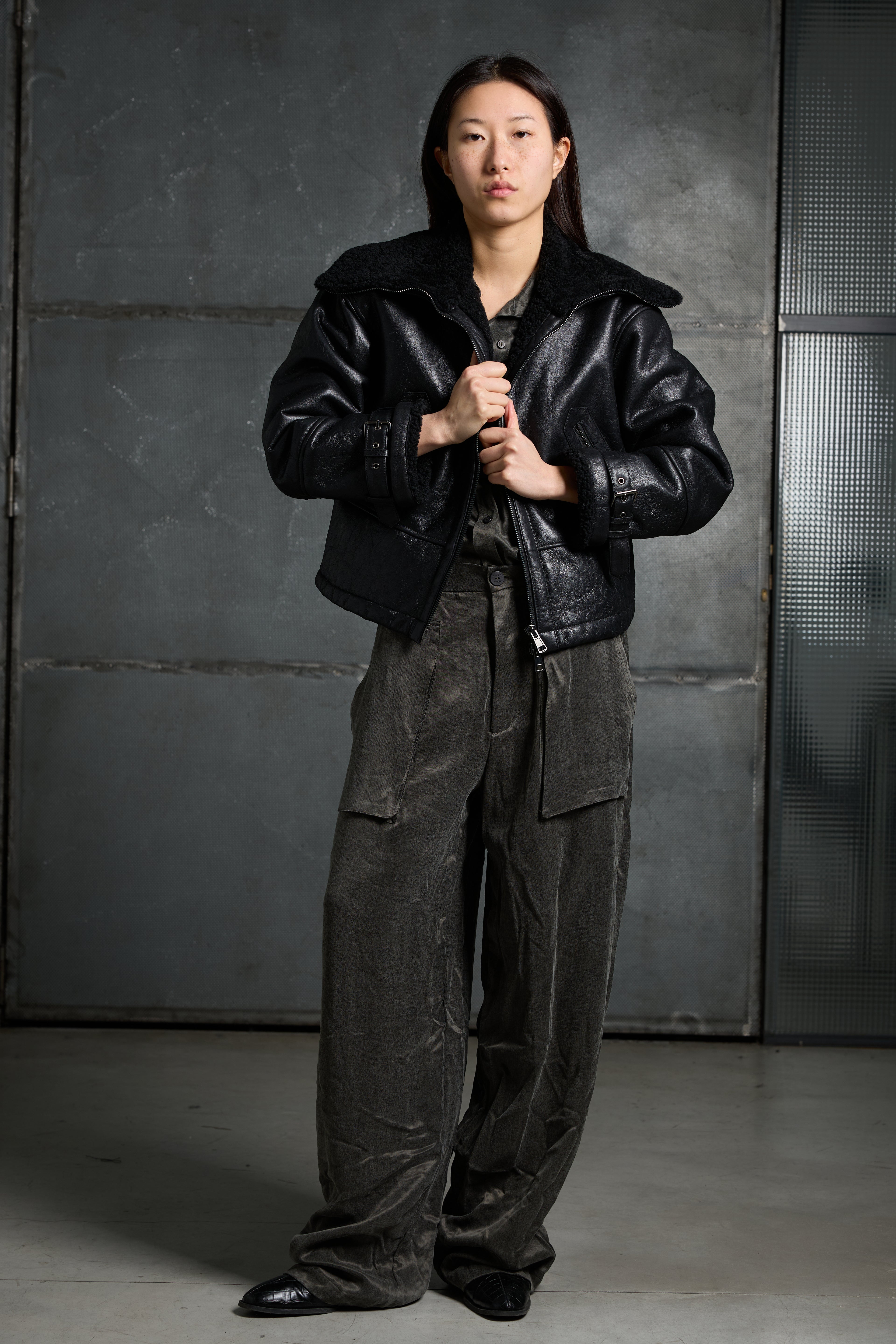 Women's leather jacket with sheepskin collar LJM013