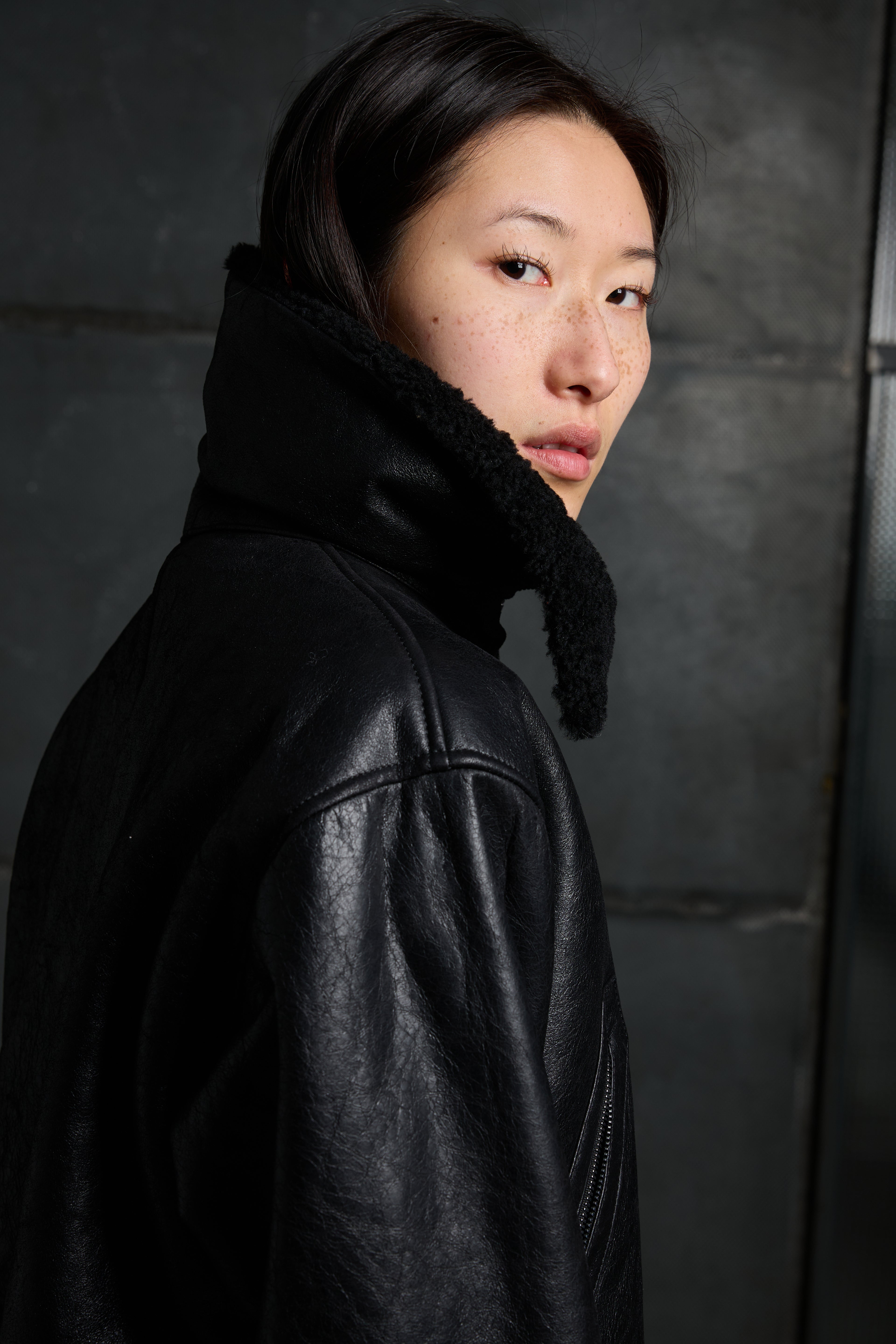 Women's leather jacket with sheepskin collar LJM013