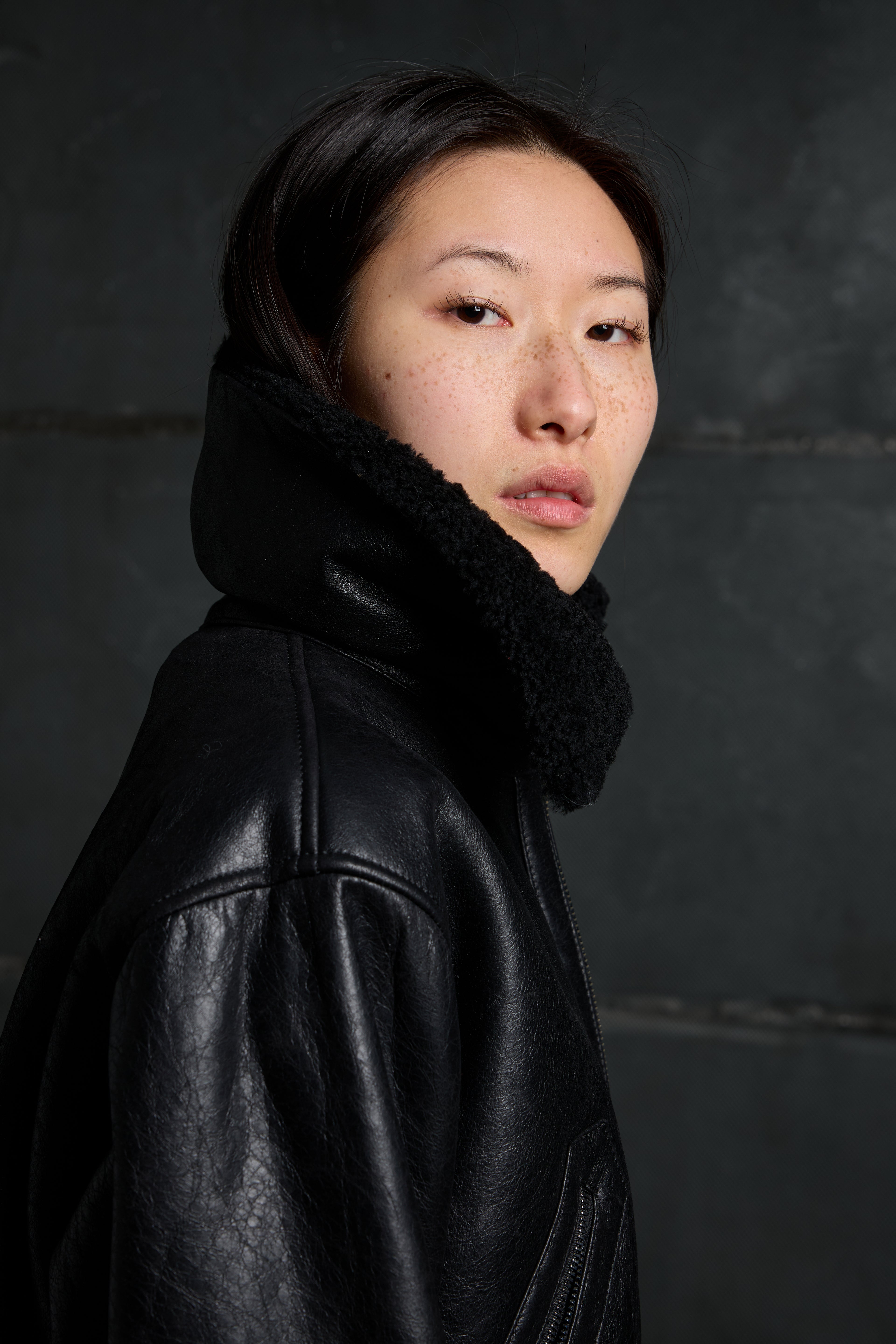 Women's leather jacket with sheepskin collar LJM013