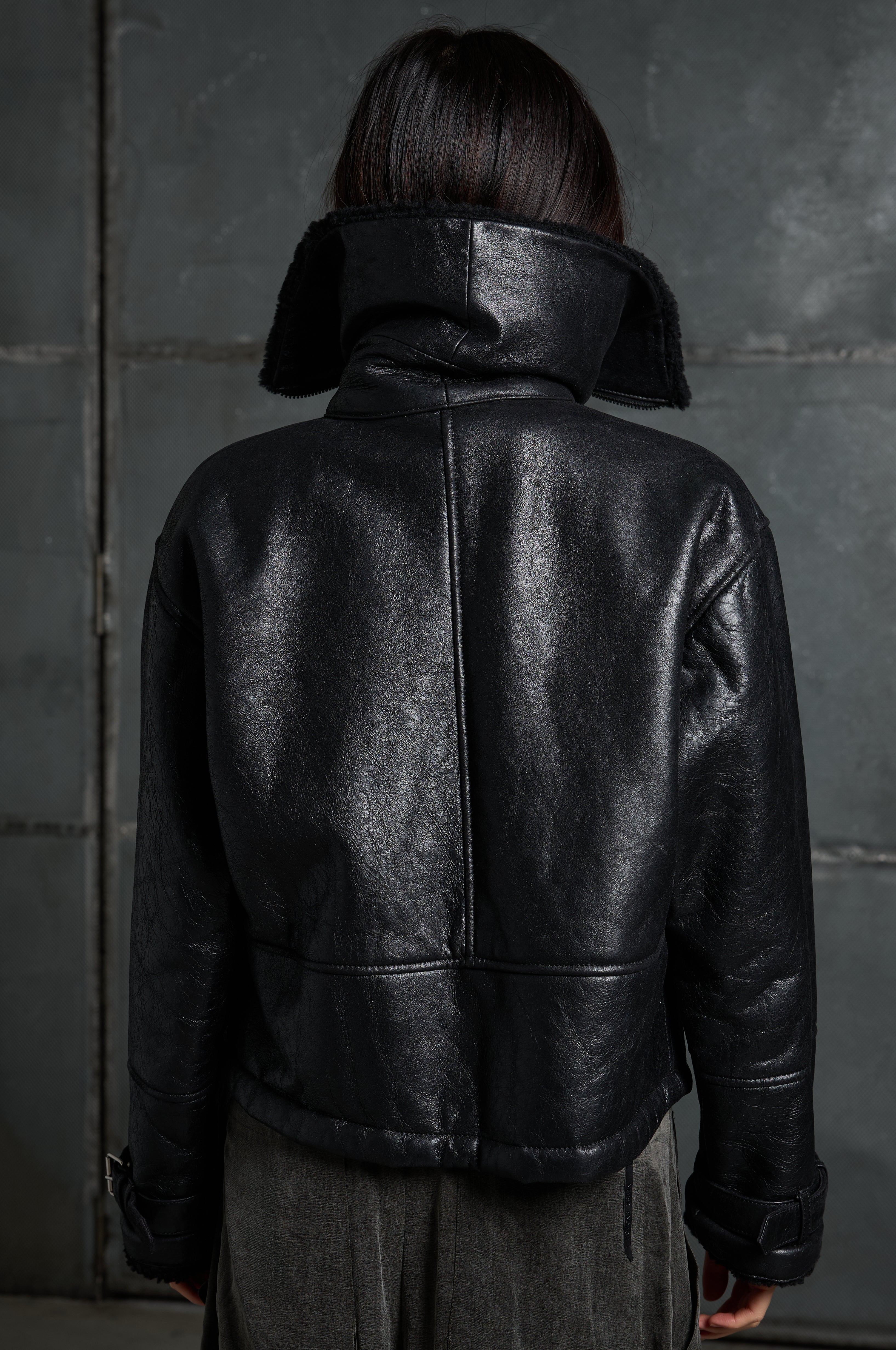 Women's leather jacket with sheepskin collar LJM013