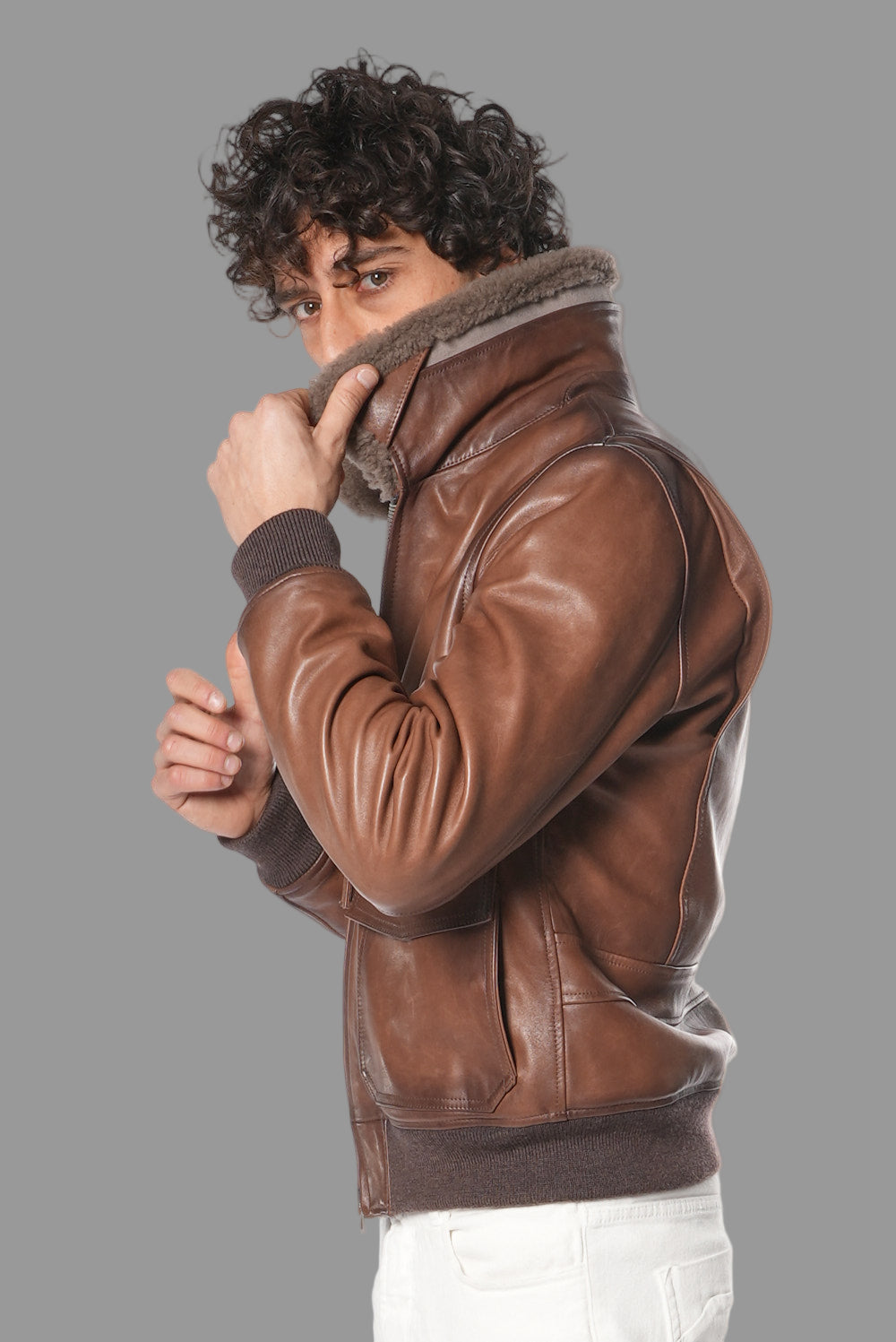 Giacca in vera pelle con collo in montone MJL032