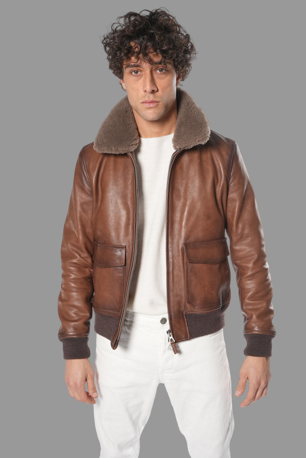 Giacca in vera pelle con collo in montone MJL032