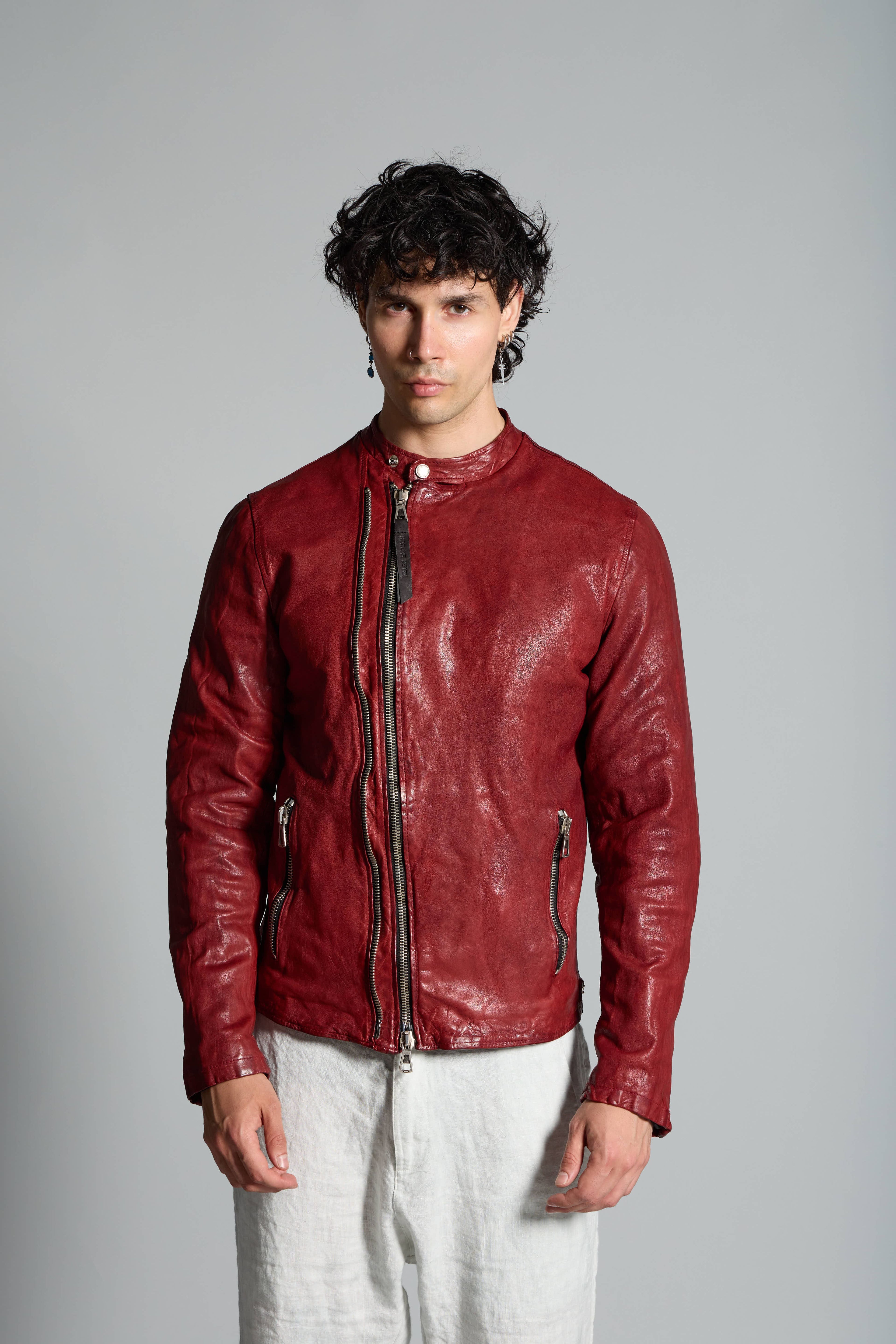 Giacca in pelle con collo alla coreana e zip frontale MJL078 LT-01