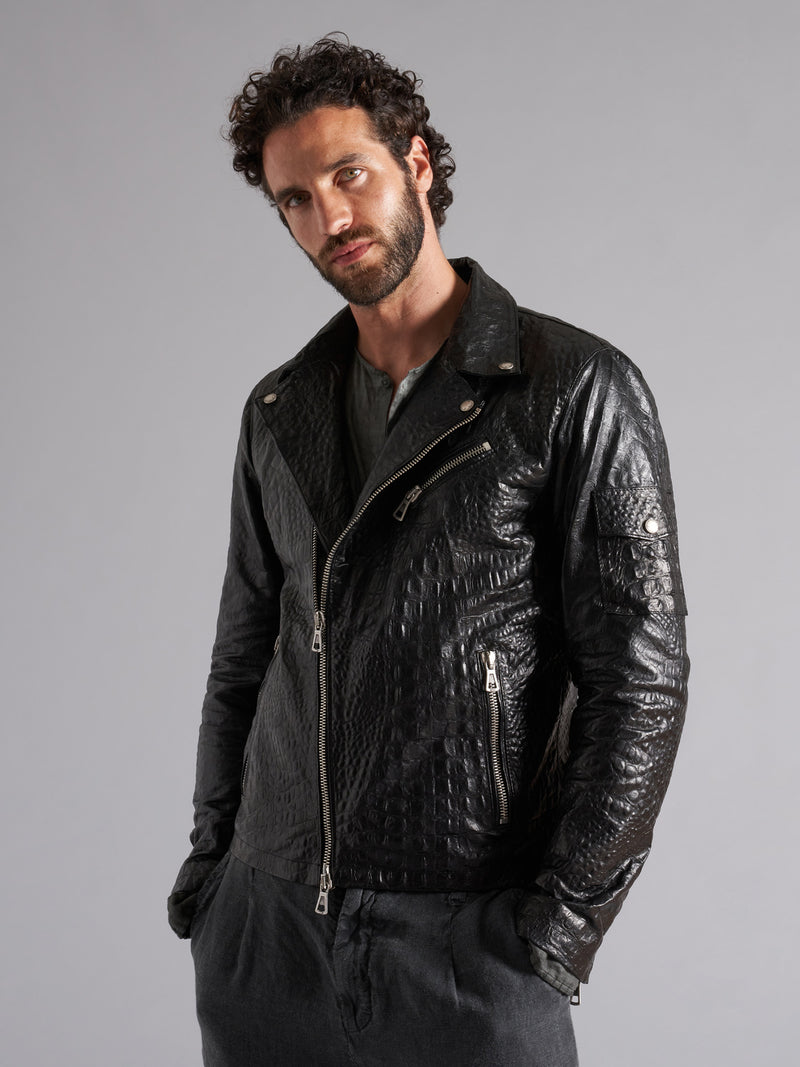 Black crocodile print biker jacket in genuine leather MJL058