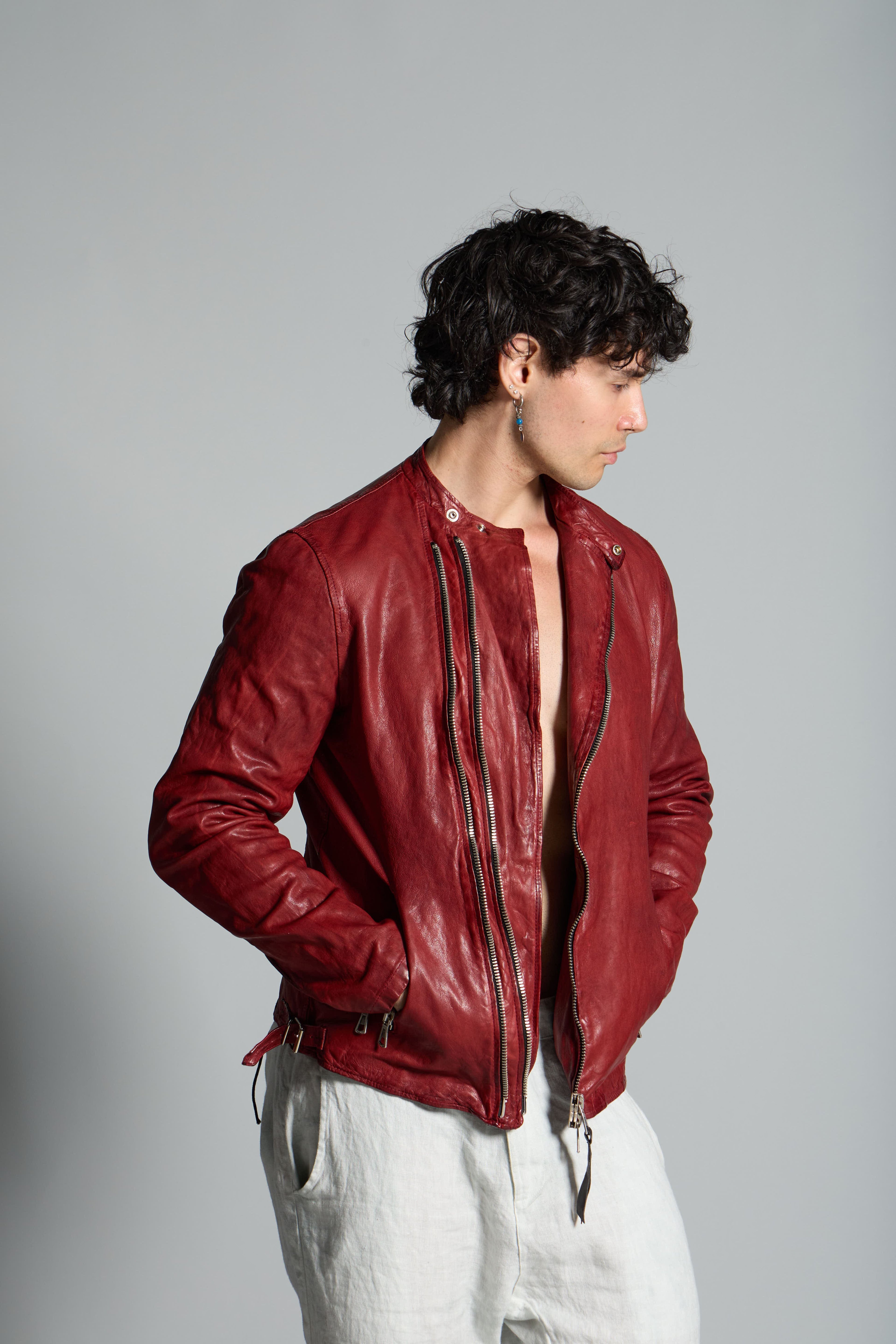 Giacca in pelle con collo alla coreana e zip frontale MJL078 LT-01